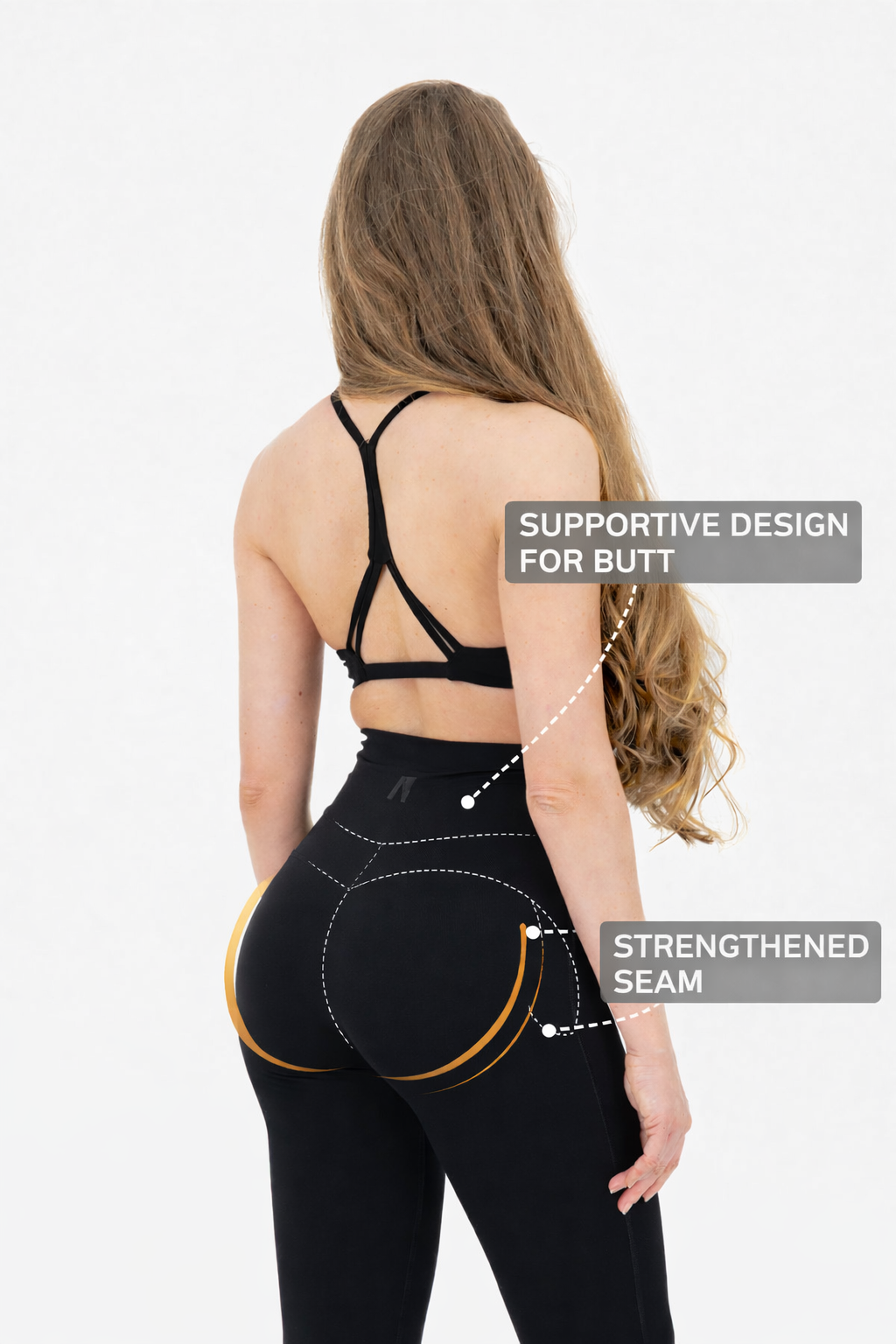 Woman wearing black leggings with text highlighting supportive design for butt and strengthened seam.